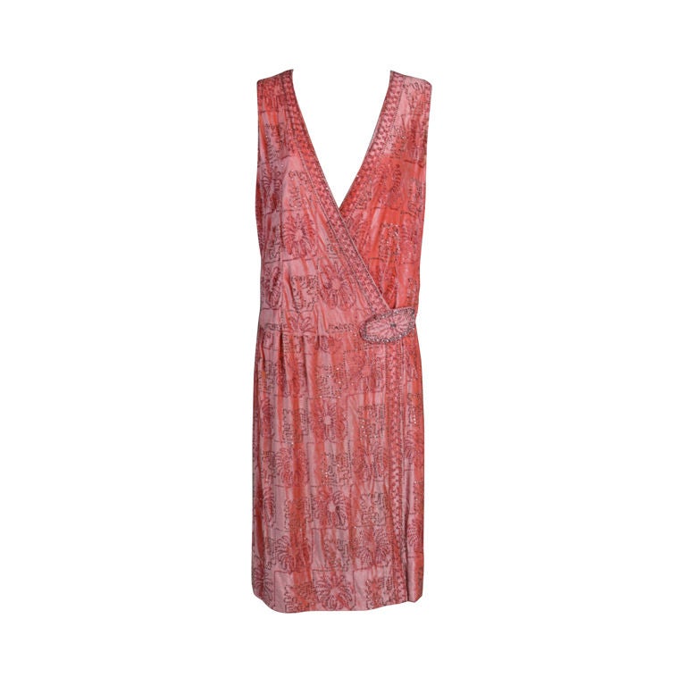 1920s Beaded Peach Silk Velvet Party Dress For Sale