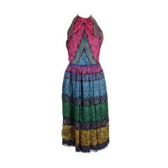1970's Trigere Floral Silk Dress with Beaded Fringe
