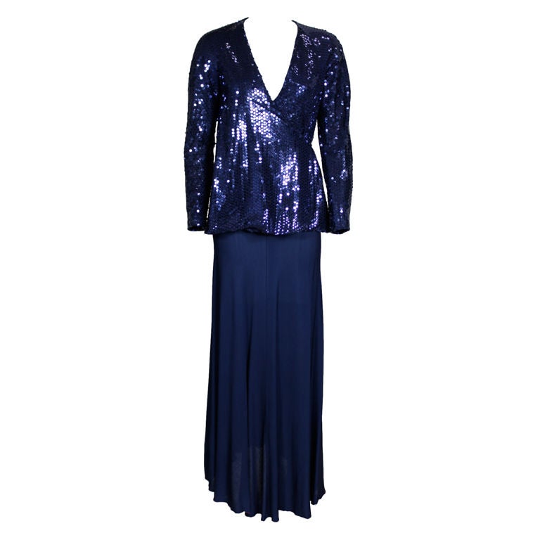 Stephen Burrows Midnight Blue Sequin Jersey Ensemble For Sale