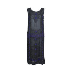 1920's Cobalt Blue Beaded Silk Crepe Party Dress