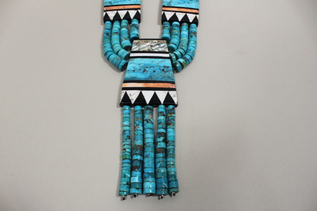 Stunning 4 Strand Kingman Natural Turquoise w/Inlaid Mosaic