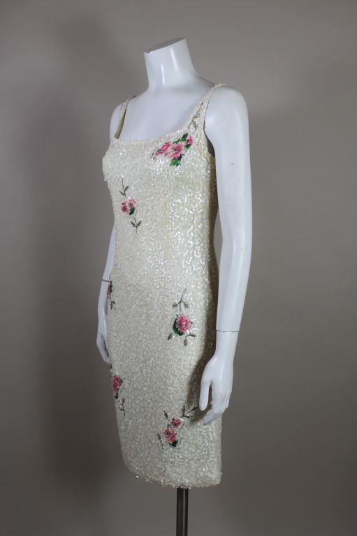Gray 1960's White Sequined  Cocktail Dress with Floral Inserts