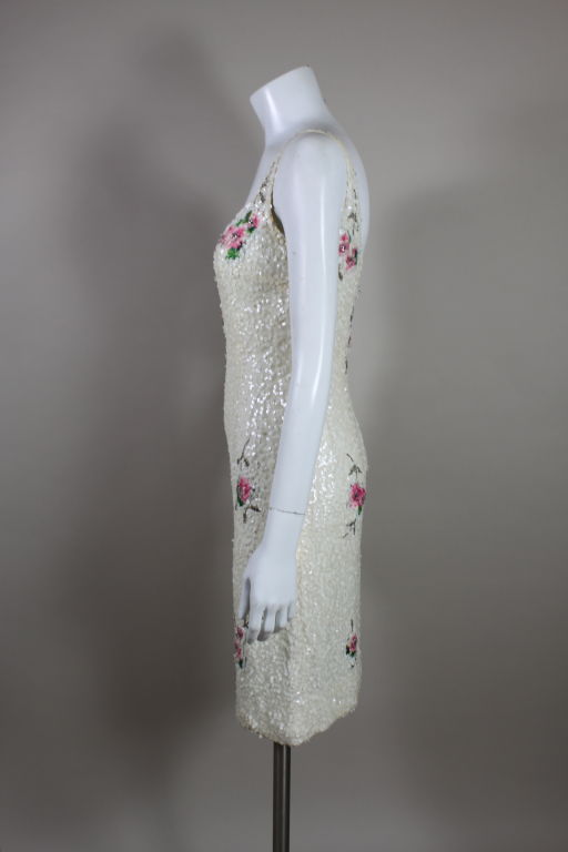 Women's 1960's White Sequined  Cocktail Dress with Floral Inserts