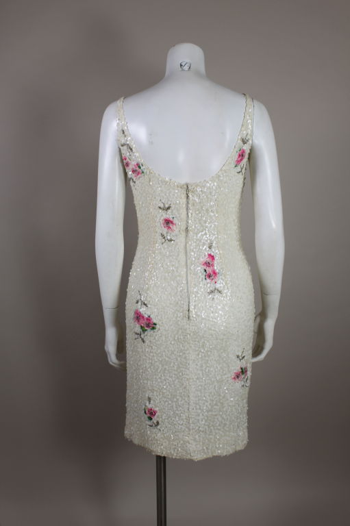 1960's White Sequined  Cocktail Dress with Floral Inserts 1