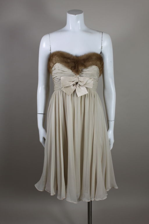 1960's Nude Chiffon Cocktail Dress Trimmed in Mink