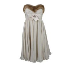 1960
s Nude Chiffon Cocktail Dress Trimmed in Mink