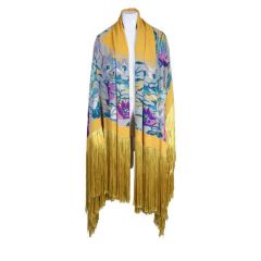 Antique 1920's Saffron Yellow Floral Silk Fringed Shawl
