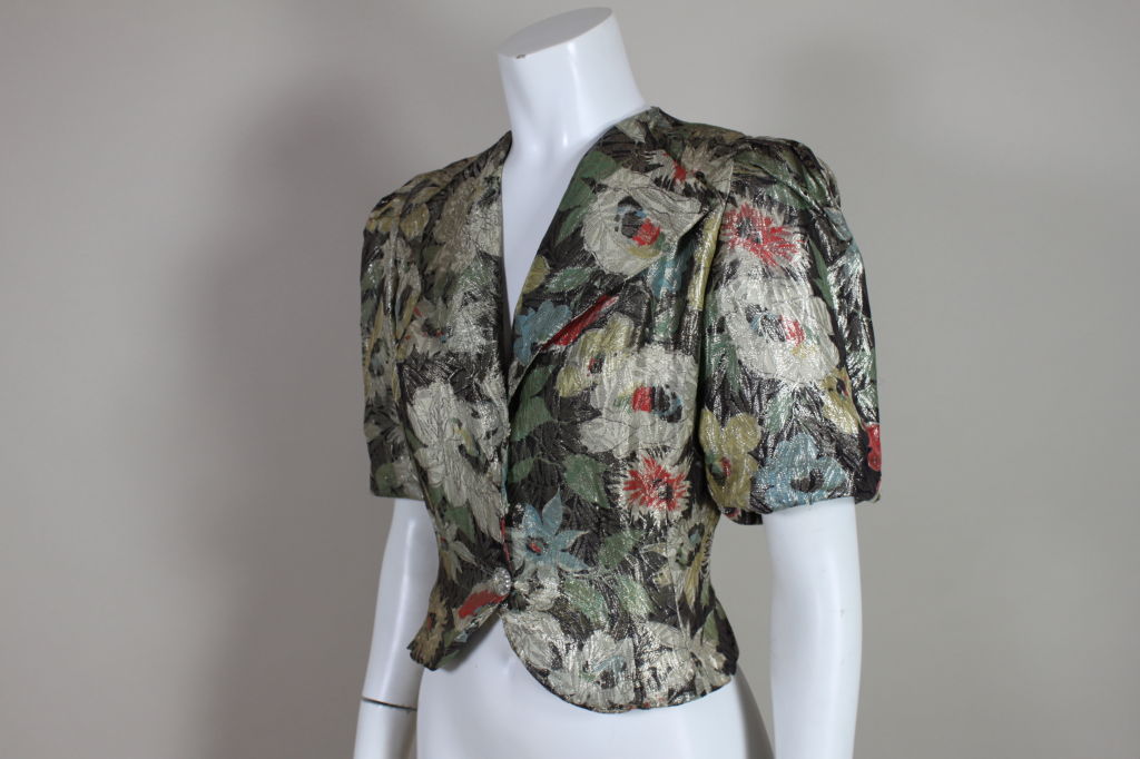 Gray Late 1930’s Floral Lamé Brocade Jacket For Sale