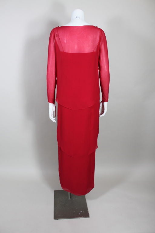 Women's Bill Blass Scalloped Red Silk Chiffon Gown with Capelet For Sale