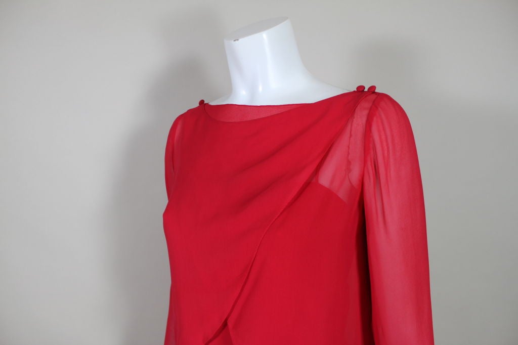 Bill Blass Scalloped Red Silk Chiffon Gown with Capelet For Sale 1