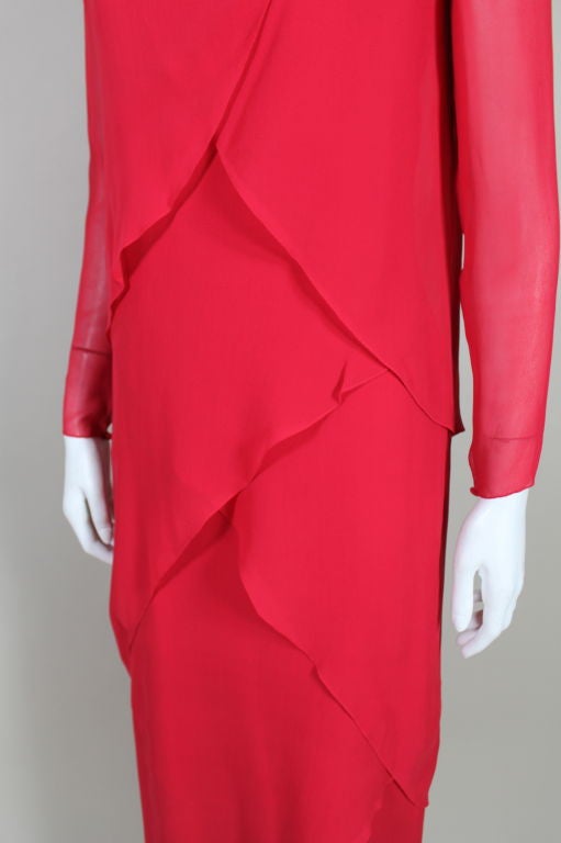 Bill Blass Scalloped Red Silk Chiffon Gown with Capelet For Sale 2