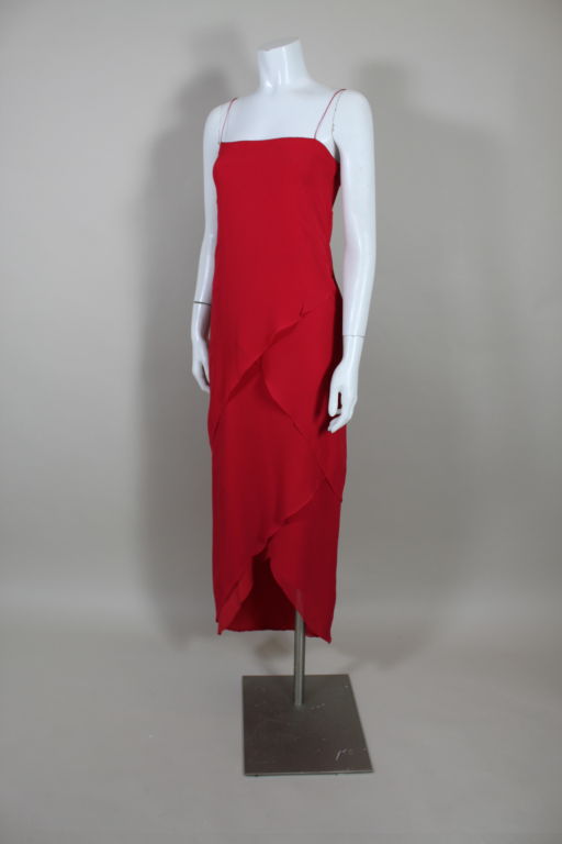 Bill Blass Scalloped Red Silk Chiffon Gown with Capelet For Sale 3