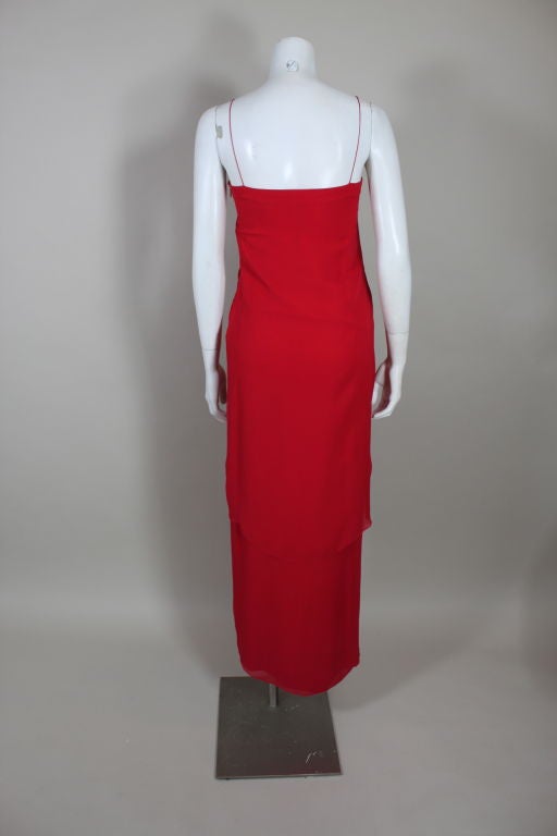 Bill Blass Scalloped Red Silk Chiffon Gown with Capelet For Sale 4