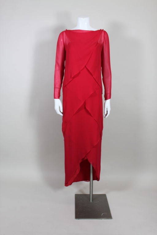 Bill Blass Scalloped Red Silk Chiffon Gown with Capelet For Sale 6