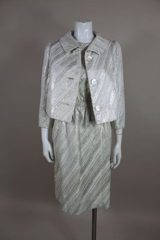 Mainbocher 1960s Silver Lamé Brocade Dress with Jacket In Excellent Condition For Sale In Los Angeles, CA
