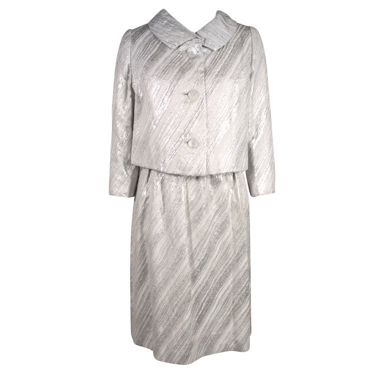Mainbocher 1960s Silver Lamé Brocade Dress with Jacket For Sale