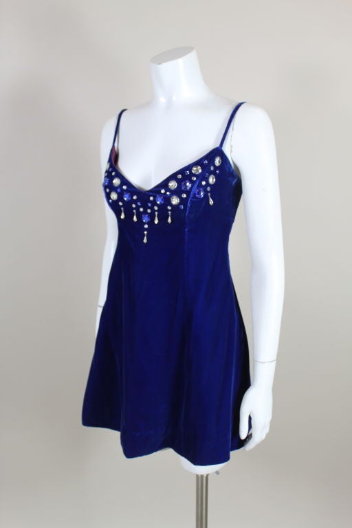 Purple Paraphernalia 1960s Royal Blue Bejeweled Velvet Mini Dress