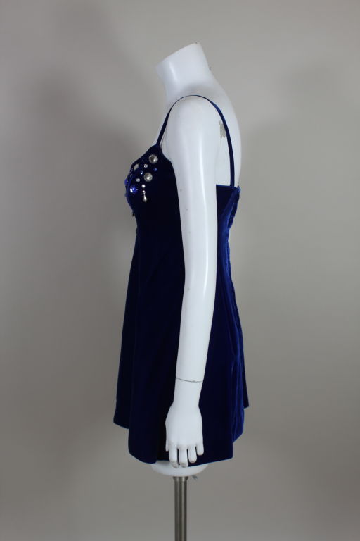 Paraphernalia 1960s Royal Blue Bejeweled Velvet Mini Dress In Excellent Condition In Los Angeles, CA