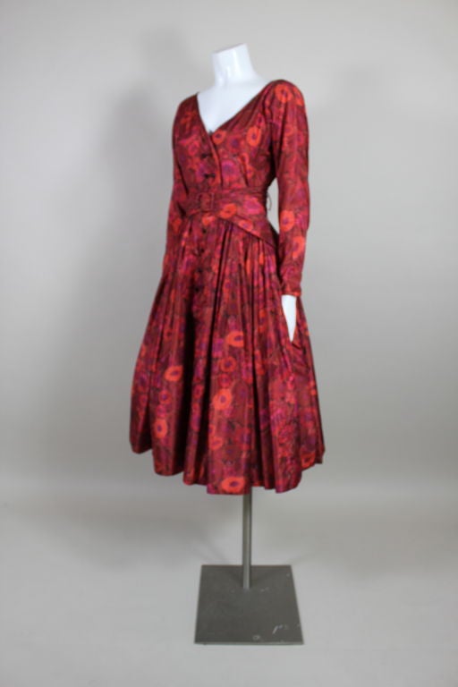 Pink 1950s Galanos Red Floral Silk Taffeta Dress