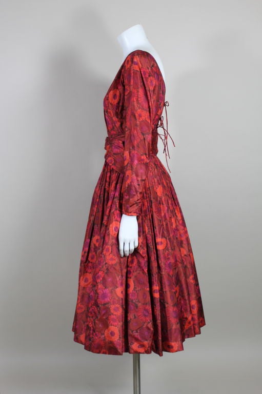 1950s Galanos Red Floral Silk Taffeta Dress In Excellent Condition In Los Angeles, CA