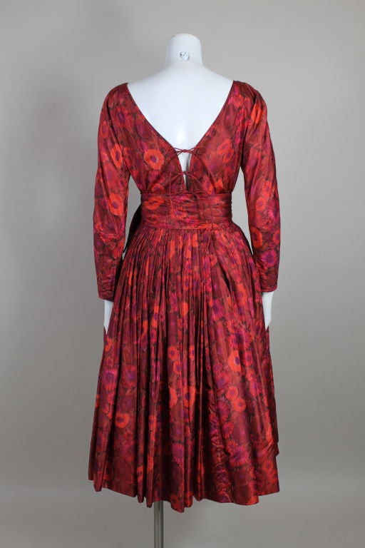 Women's 1950s Galanos Red Floral Silk Taffeta Dress