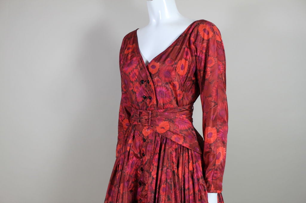 1950s Galanos Red Floral Silk Taffeta Dress 1