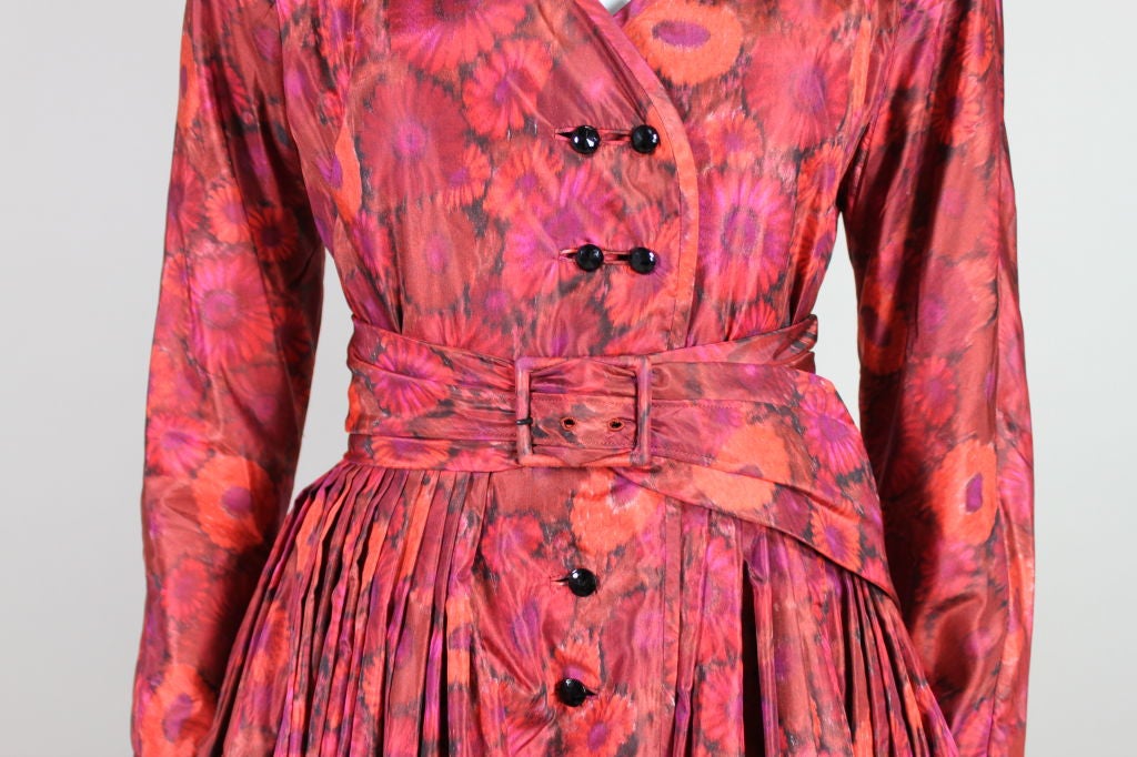 1950s Galanos Red Floral Silk Taffeta Dress 2