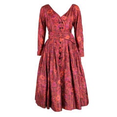 1950s Galanos Red Floral Silk Taffeta Dress