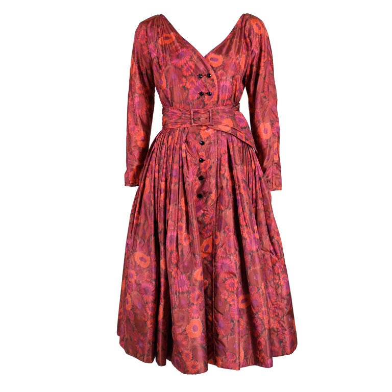 1950s Galanos Red Floral Silk Taffeta Dress