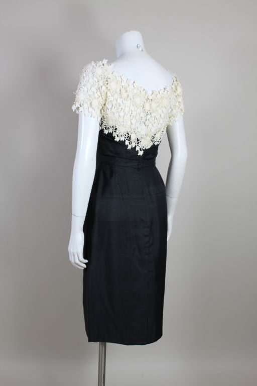 1950’s Ceil Chapman Silk Cocktail Dress with Floral Lace Bodice 1