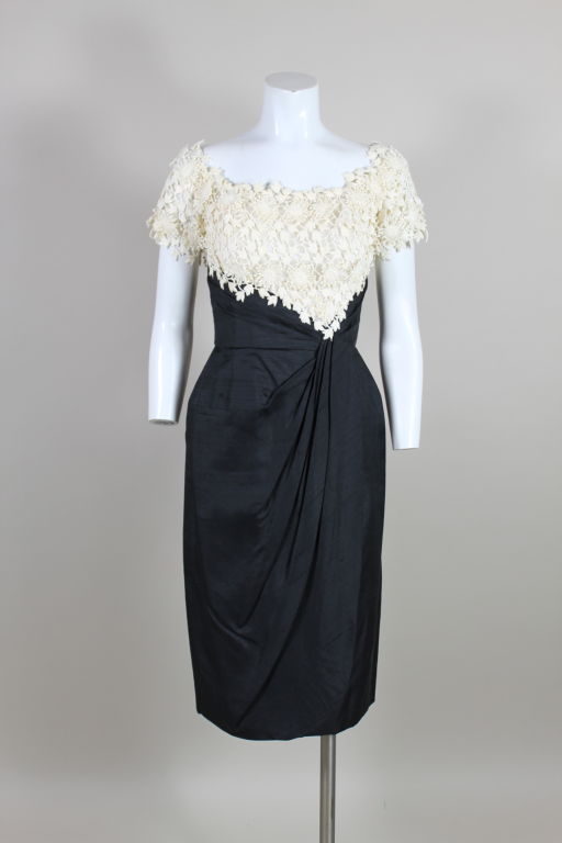 1950’s Ceil Chapman Silk Cocktail Dress with Floral Lace Bodice 7