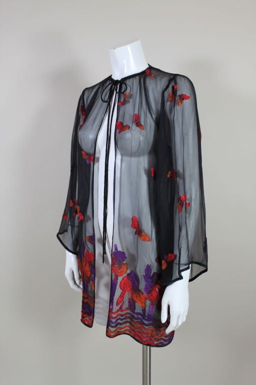 Gray 1970s Sheer Chiffon Butterfly Embroidered Jacket