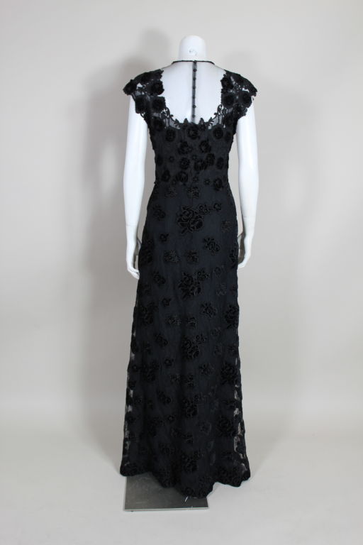 Women's Ungaro Couture 1990s Black Appliquéd Guipere Lace Gown