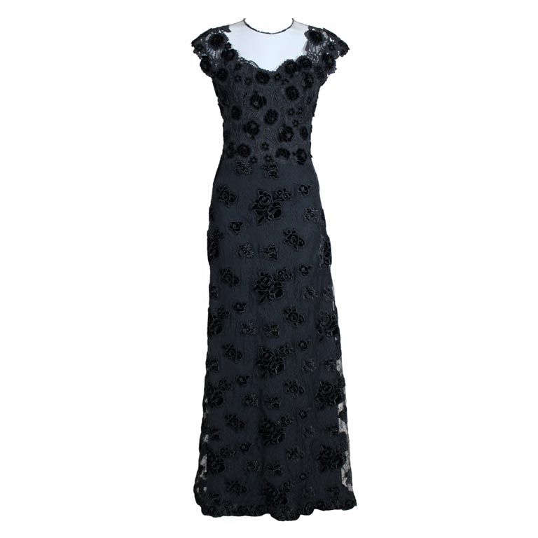Ungaro Couture 1990s Black Appliquéd Guipere Lace Gown