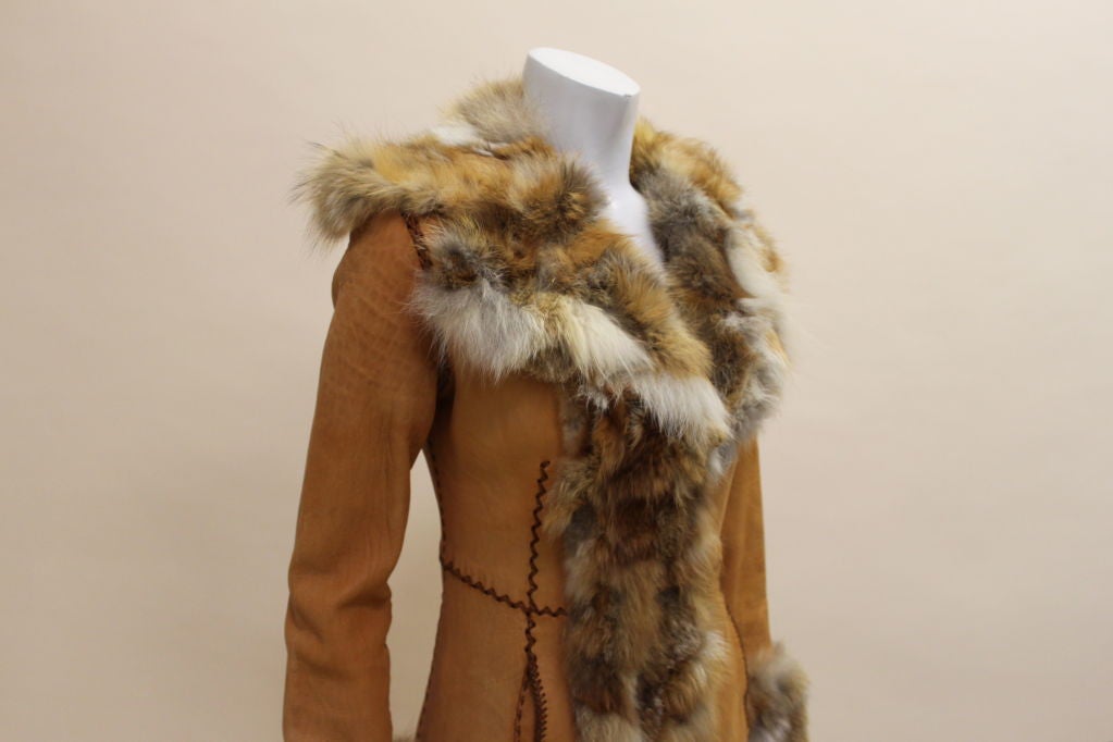 North Beach Leather 1970s Coyote Trimmed Toffee-Leather Coat For Sale 1
