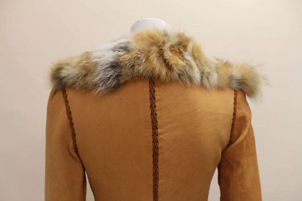 North Beach Leather 1970s Coyote Trimmed Toffee-Leather Coat For Sale 2