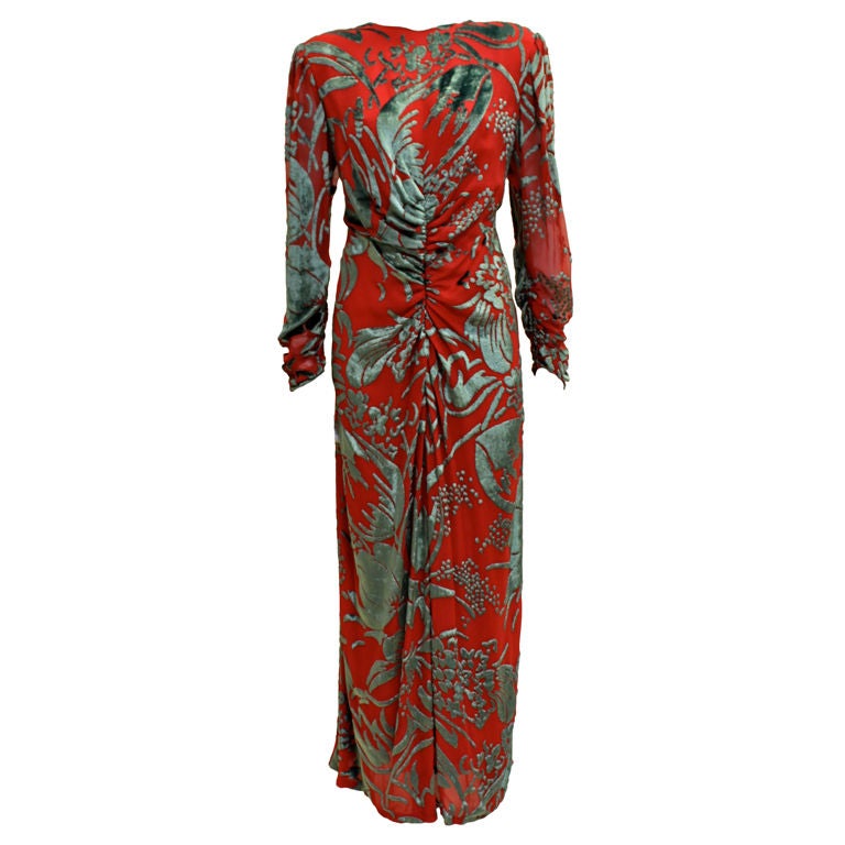 1980
s Bill Blass Burnout SIlk Velvet Evening Gown