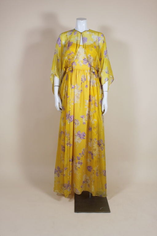 1970's Printed Floral Silk Chiffon Gown with Jacket