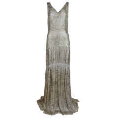 1930's Metallic Silk Silver Lamé Pleated Gown
