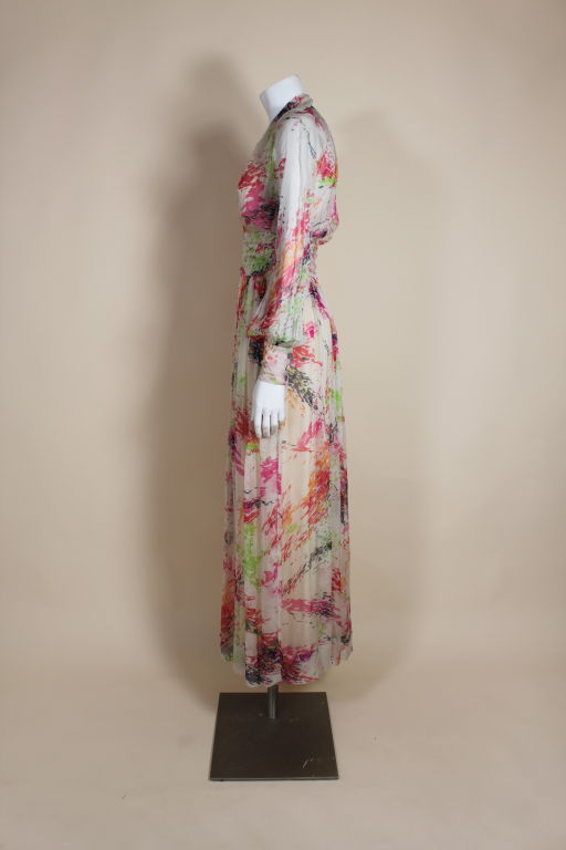 Beige Christian Dior Couture 1970s Painterly Chiffon Gown