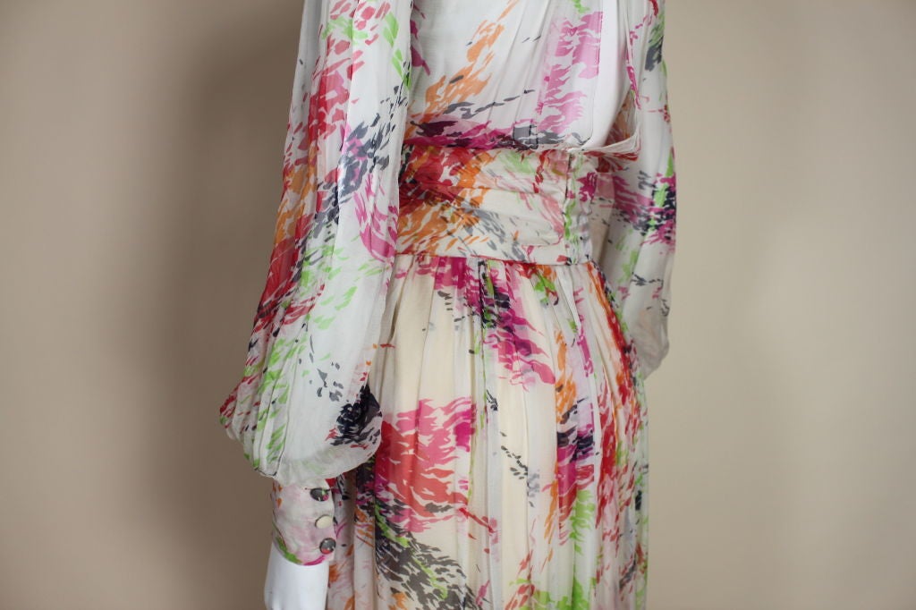 Christian Dior Couture 1970s Painterly Chiffon Gown 2