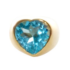 Fred Paris Yellow Gold Large Heart Blue Topaz Ring.