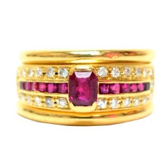 Vintage Cartier Ruby Diamond Yellow Gold Ring with Two Bands c1980s