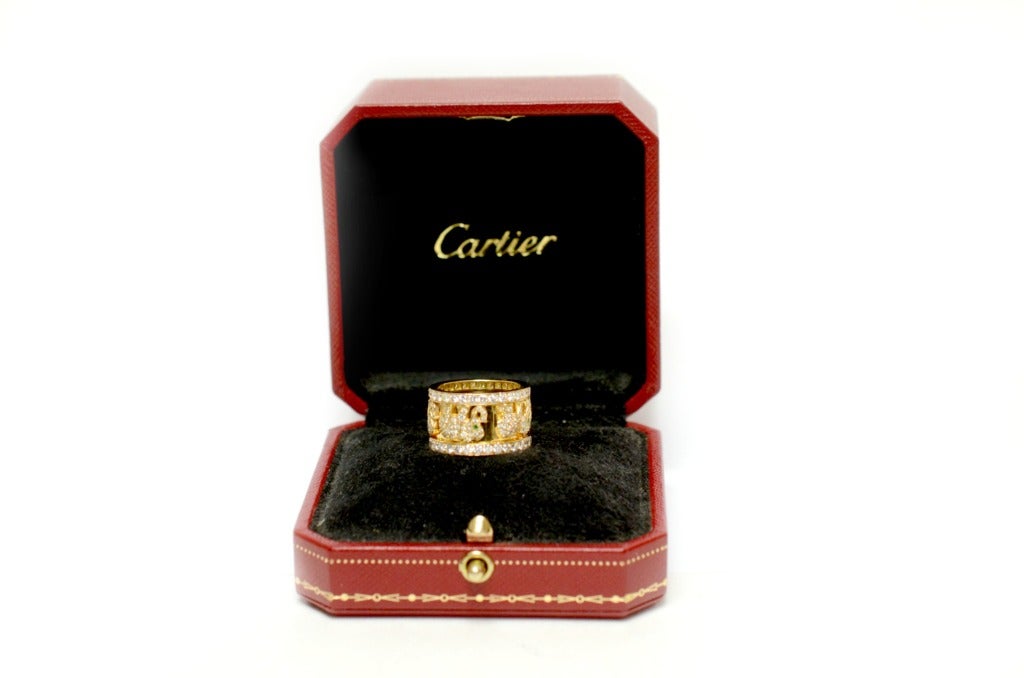 Cartier Emerald Diamond Yellow Gold Elephant Ring In Excellent Condition In Houston, TX
