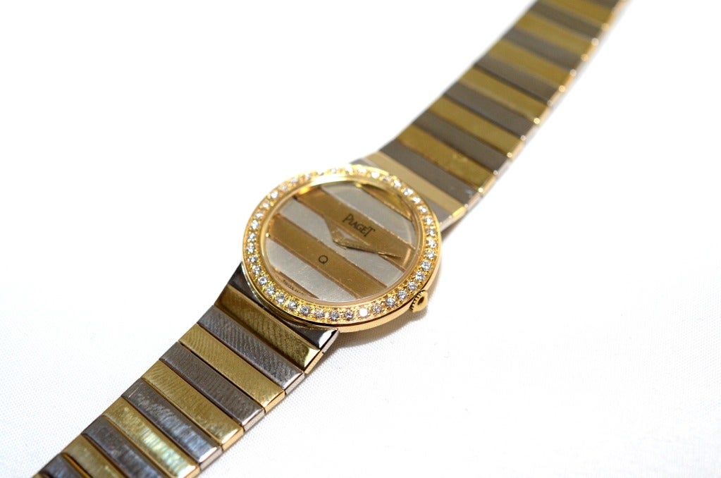 Piaget Lady's White and Yellow Gold Polo with Diamond Bezel In Excellent Condition In Houston, TX