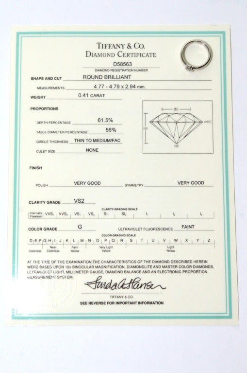 Contemporary Tiffany & Co Platinum Diamond Engament Ring .41carat G-VS2.