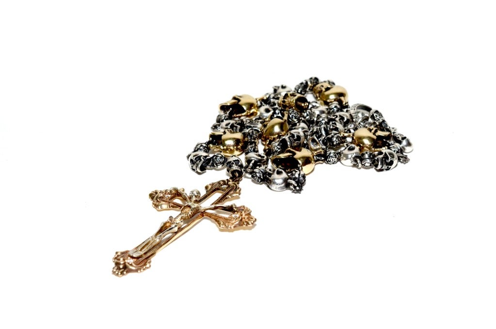 The Great Frog Rose & Skull Rosary  Yellow Gold & Sterling Silver With Diamond Skeleton Cross. In Excellent Condition In Houston, TX