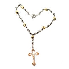 The Great Frog Rose & Skull Rosary  Yellow Gold & Sterling Silver With Diamond Skeleton Cross.