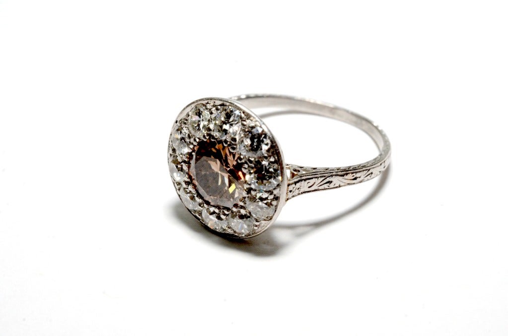 Women's Art Deco Platinum Diamond Ring  Champagne Old European Cut 1.25ct.
