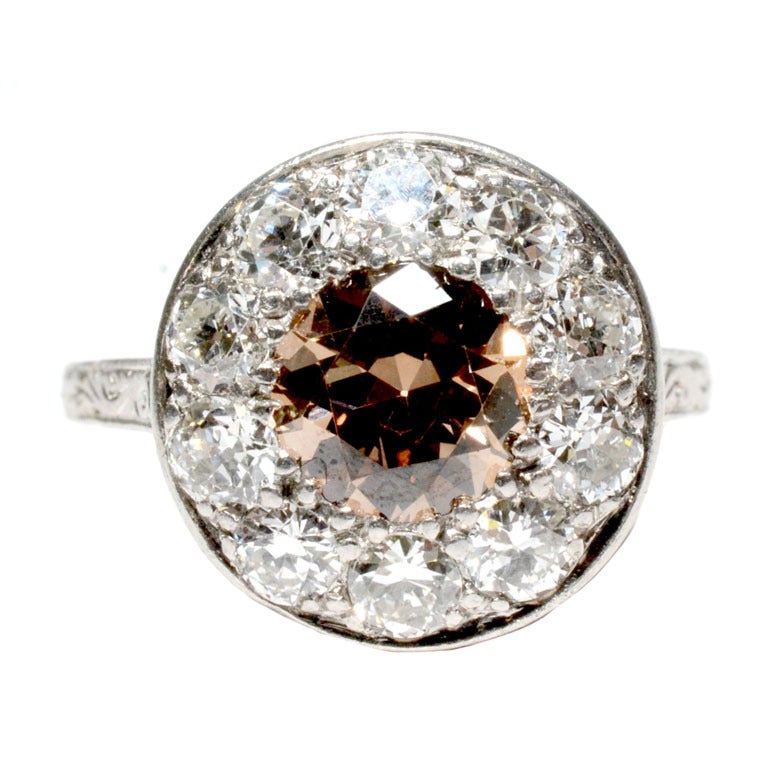 Art Deco Platinum Diamond Ring  Champagne Old European Cut 1.25ct.
